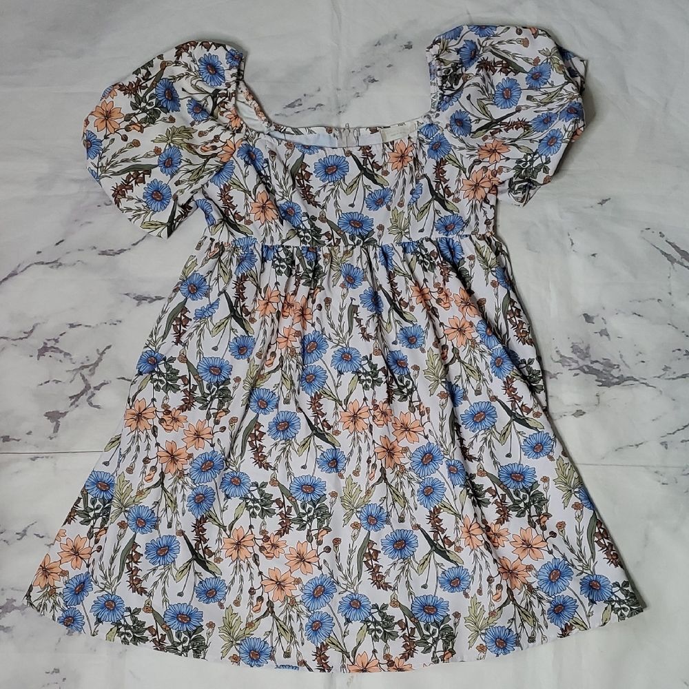 Altar'd State Blue & Orange Floral Puff Sleeve Mini Dress
